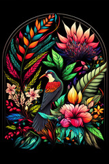 Arrangement of Tropical flowers and plants, with colorful birds, and coral, on an isolated Black Background
Generative AI