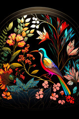 Arrangement of Tropical flowers and plants, with colorful birds, and coral, on an isolated Black Background
Generative AI