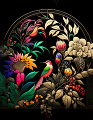 Arrangement of Tropical flowers and plants, with colorful birds, and coral, on an isolated Black Background
Generative AI