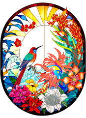 Obraz premium Arrangement of Tropical flowers and plants, with colorful birds, and coral, on an isolated White Background Generative AI