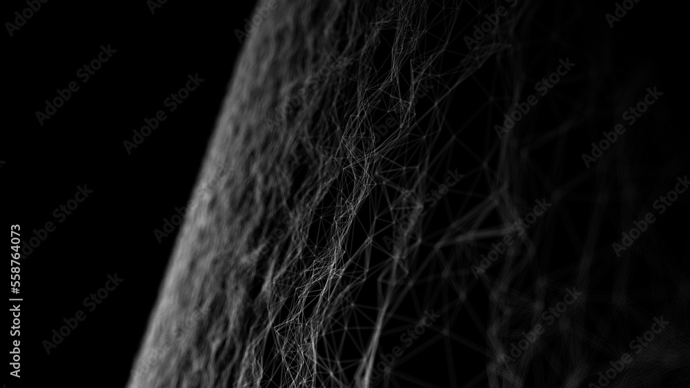 Poster Wave of digital particles on a black background. Abstract interlacing lines and points. Digital connection of elements. Simulation of the movement of small particles. 3D rendering.