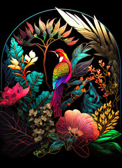 Arrangement of Tropical flowers and plants, with colorful birds, and coral, on an isolated Black Background
Generative AI