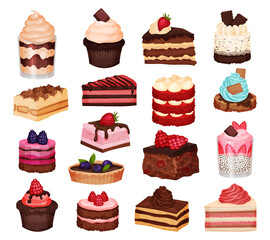 Delicious Sweet Desserts with Berry and Whipped Cream Big Vector Set