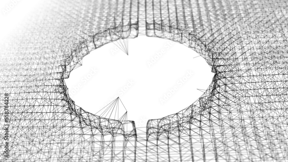 Poster Formation of a hole in particle waves. Abstract of intertwined lines and dots. Digital connection of elements. Imitation of waves. 3D visualization.