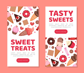 Sweet treats mobile app templates set. Tasty sweets and desserts landing page, web banner cartoon vector