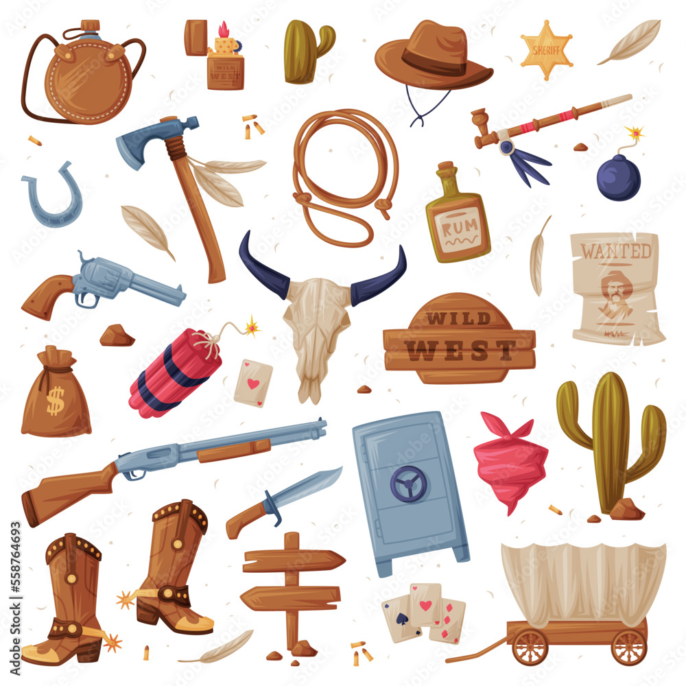 Poster wild west objects isolated on white background vector set