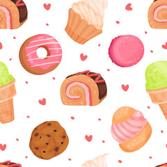 Delicious sweet desserts seamless pattern. Tasty sweets repeating print for wallpaper, wrapping paper, textile, package design cartoon vector