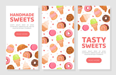 Fototapeta premium Handmade sweets and tasty desserts mobile app templates set. Cafe, candy or bakery shop landing page, web banner cartoon vector