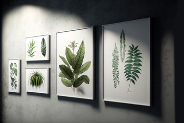 On a wall, a collection of leaf paintings. Generative AI
