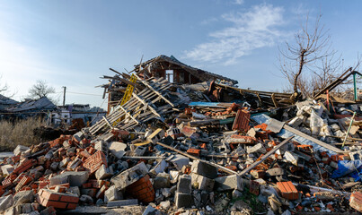 destroyed and burned houses in the city Russia Ukraine war
