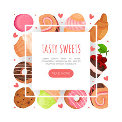 Tasty sweets web banner template. Cafe, candy or bakery shop landing page with tasty desserts seamless pattern cartoon vector