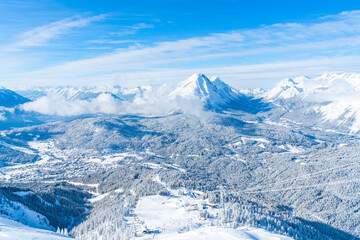 View of winter landscape with snow covered Alps in Seefeld in the Austrian state of Tyrol. Winter in Austria - obrazy, fototapety, plakaty