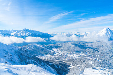 View of winter landscape with snow covered Alps in Seefeld in the Austrian state of Tyrol. Winter in Austria