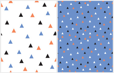 Simple Geometric Seamless Vector Pattern. White, Black and Orange Triangles Isoletad on a Blue Background. Repeatable Abstract Print with Black, Orange and Blue Triangless ideal for Fabric, Textile.