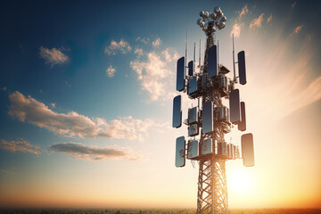 Background image shows a 5G global network technology communication antenna tower for wireless high speed internet. Future proof fastest internet technology is LTE aerial network connection - obrazy, fototapety, plakaty