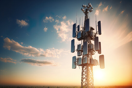 Background image shows a 5G global network technology communication antenna tower for wireless high speed internet. Future proof fastest internet technology is LTE aerial network connection