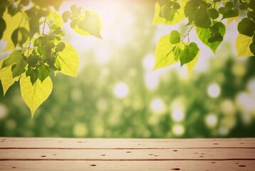 Wooden table as a pedestal for product presentation with a spring landscape. Showcase of twigs with green birch leaves in the sunlight 