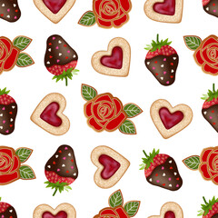 valentine's day seamless pattern with cookies and strawberries. valentine seamless texture with sweets