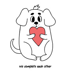 Funny dog with heart. Cool valentine card with inscription We complete each other. Vector illustration in doodle style. animal character pet for design.