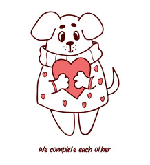 Cute dog in romantic sweater with big heart. Cool valentine card with inscription We complete each other. Vector illustration in doodle style. Funny animal character pet for design.