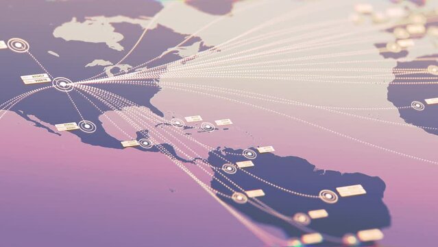 World map with connections. Flat 2D vector graphs and charts with data points indicators of departures and arrivals from the USA America to other countries. Global Trading. Futuristic 4K 3D Animation