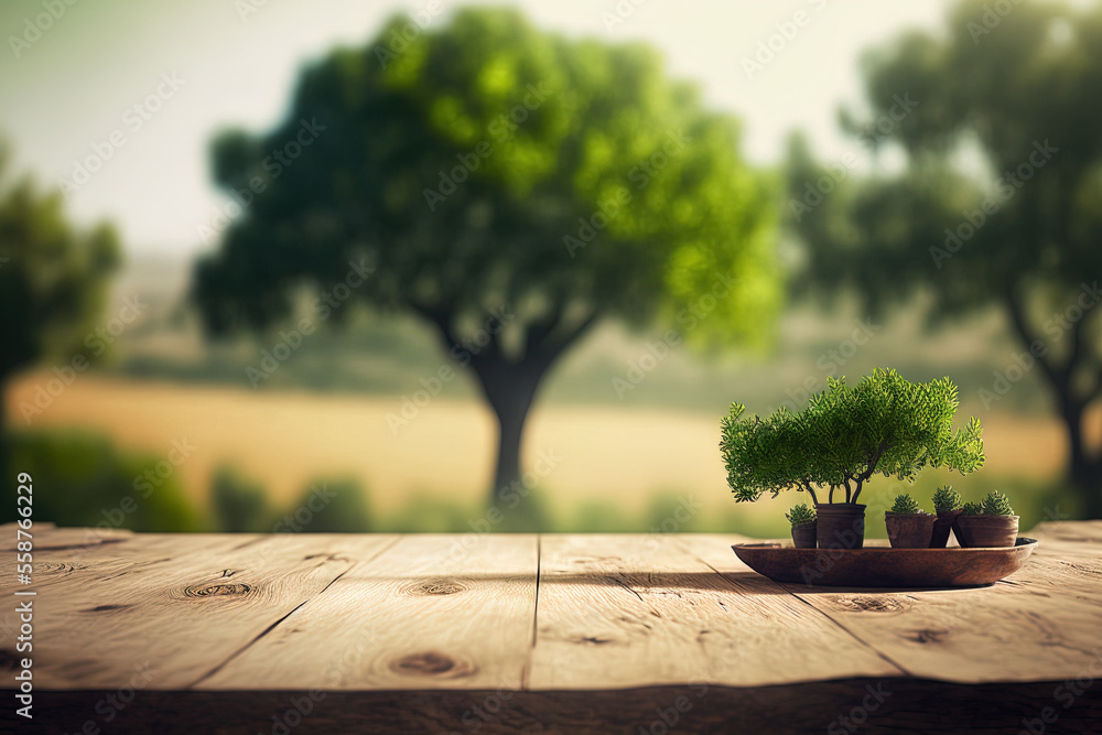 Poster an empty wooden tabletop with a hazy green tree and vegetables in a rural setting. backgrounds are u