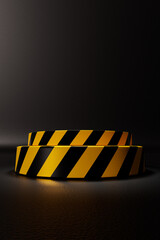 Yellow and black staged cylinders with diagonal lines across. On black/grey studio background. Typical sales advertisement template.