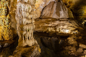 Large Column With Reflections in a Cave Pool, Carlsbad Caverns National Park, New Mexico, USA