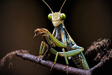 Idolomantis diabolica holding a weapon in self defense while posing on a branch against a dark background. Generative AI