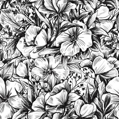 Seamless pattern with flowers. Illustration on a bright background. Design for textiles, souvenirs, fabrics, packaging and greeting cards and more.