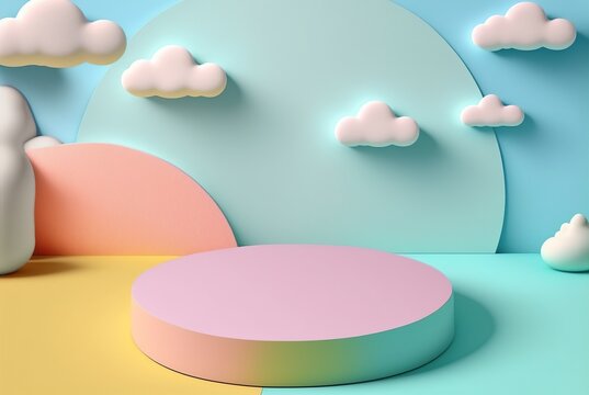 Cute stage for displaying children's products. Rainbow scene for kids 