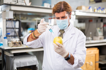 Adult male scientist chemist focused making injection of vaccine to yellow apple in laboratory