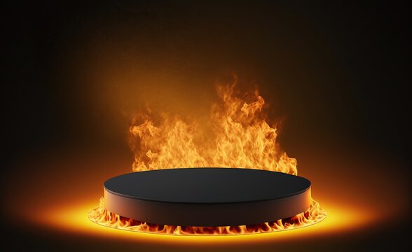 Podium, pedestal for product display presentation with a fire. Burning showcase