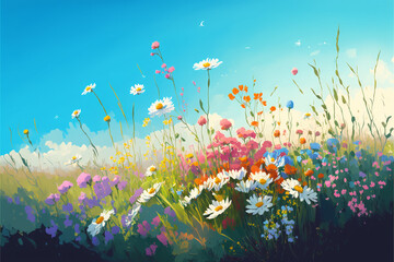 Fototapeta na wymiar A wildflower meadow, bursting with a riot of color and varied blooms. Blue sky. Generative Ai illustration in vector style.