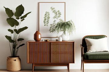 Illustration of a living room wall mockup in a cozy setting with a wooden slat curving sideboard, a fashionable green plant in a basket, and a wicker lantern on a plain white background. Generative AI