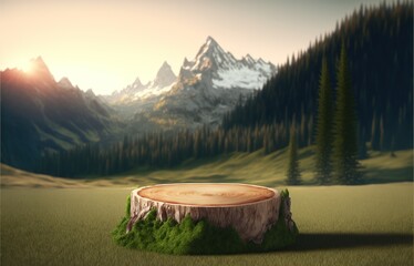 A wooden stump as a pedestal for displaying camping goods. Showcase in the mountains with a fir tree