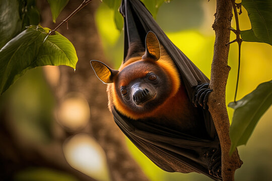 a fruit bat in a woodland tree. Flying fox of Lyle. Generative AI