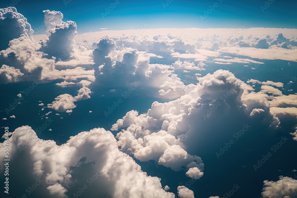 Poster cumulus clouds in the distance. top view of white, fluffy clouds in an aerial image. the earth is oc