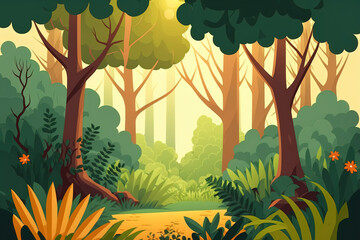 Scene of a forest in the sun in a cartoon. Generative AI