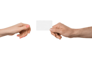 Transferring an empty plastic card or business card from a male hand to a female on a white background. Female hand with pink manicure.