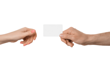 Transferring an empty plastic card or business card from a male hand to a female on a white background. Female hand with pink manicure.