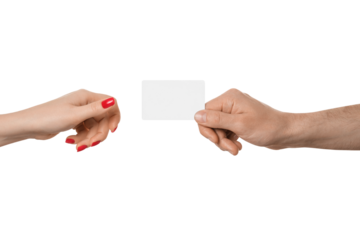 Transferring an empty plastic card or business card from a male hand to a female on a white background. Woman's hand with red manicure.