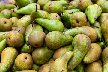 Green winter pears in box for sale in greengrocery