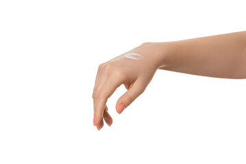 Beautiful young woman hands with cream. Woman applies cream on her hands, isolated.