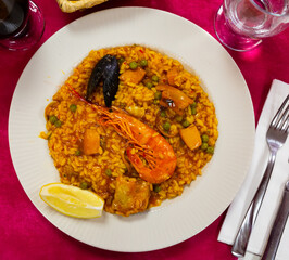 Spainsh dish seafood paella with rice, shrimps and mussels, nobody