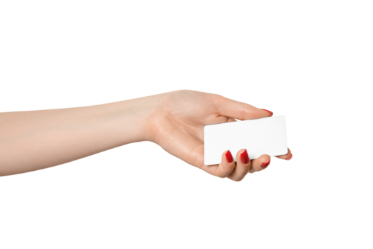 Blank business card or plastic card in a female hand, isolate. Red nails.