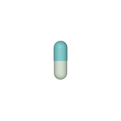 Capsule with a white and red parts on a cartoon hand against blue background, 3d render, 3d illustration