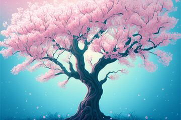 A cherry blossom tree in full bloom, its delicate pink flowers adding a touch of whimsy. Blue sky. Generative Ai illustration in vector style. - 558769214