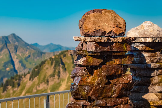 Details of a stone well at the famous Walmendinger Horn summit, Kleinwalsertal valley, Mittelberg, Vorarlberg, Austria