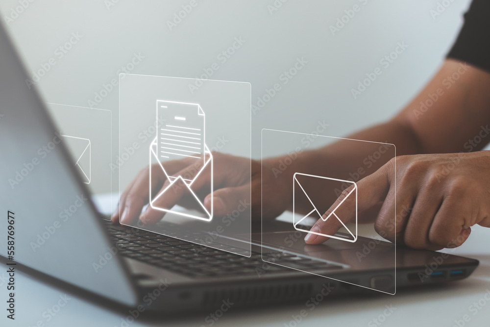 Poster concept email and newsletter, business contact and communication concept. businessman typing laptop 